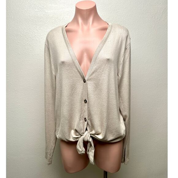 H&M Tan V-Neck Tie-Front Button Cardigan Sweater Women’s L - Picture 4 of 11